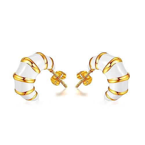 Chunky Gold Hoop Earrings for Women, Trendy Pink/Purple/White/Green Huggie Earrings, Lightweight & Hypoallergenic Titanium Steel Gold Plated Jewelry (white-C)