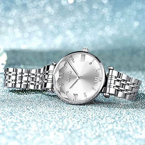 CIVO Silver Watches for Women, 32mm Womens Watch, Stainless Steel Metal Women's Wrist Watch, Fashion Elegant Diamond Analog Quartz Watch Gift for Woman - Pink and Caboodle