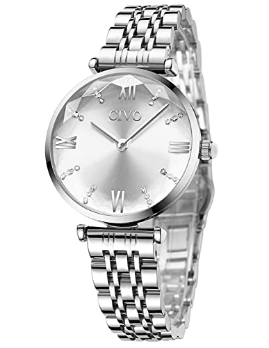 CIVO Silver Watches for Women, 32mm Womens Watch, Stainless Steel Metal Women's Wrist Watch, Fashion Elegant Diamond Analog Quartz Watch Gift for Woman