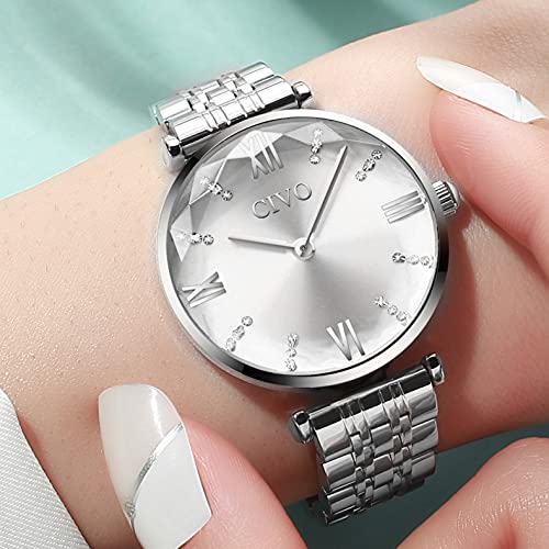 CIVO Silver Watches for Women, 32mm Womens Watch, Stainless Steel Metal Women's Wrist Watch, Fashion Elegant Diamond Analog Quartz Watch Gift for Woman - Pink and Caboodle