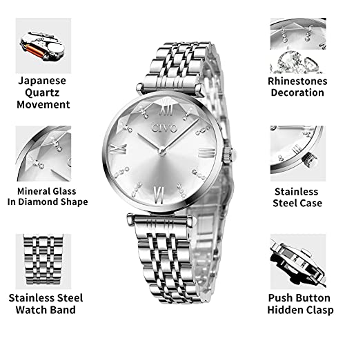 CIVO Silver Watches for Women, 32mm Womens Watch, Stainless Steel Metal Women's Wrist Watch, Fashion Elegant Diamond Analog Quartz Watch Gift for Woman - Pink and Caboodle