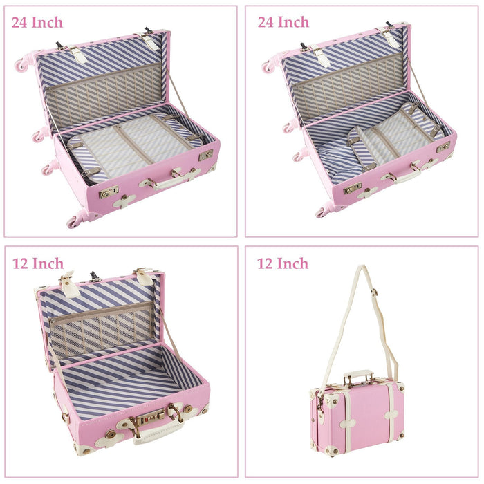 CO-Z Premium Vintage 24" & 12" Luggage Set w/TSA Locks - Pink & Beige - Pink and Caboodle