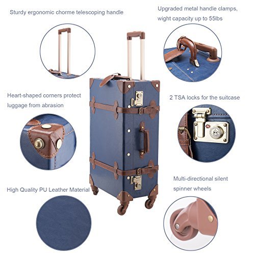 CO-Z Premium Vintage Luggage Sets 24" Trolley Suitcase and 12" Hand Bag Set with TSA Locks (12" +24" Blue) - Pink and Caboodle