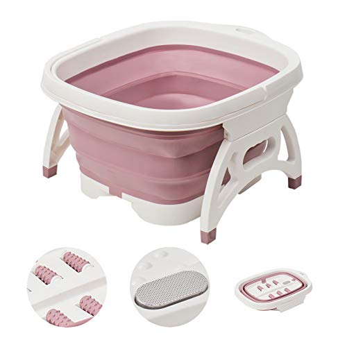 Collapsible Foot Soaking Bath Basin with Foot Callus Remover and Massage Rollers,Foldable Plastic/Rubber Foot Bath Bucket Tub,Pedicure Foot Soak tub Bath(Pink)