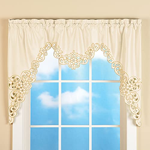 Collections Etc Elegant Scalloped Design Cut-Out and Embroidered Scroll Window Valance with Rod Pocket Top for Easy Hanging, Cream, 58" X 36" - Pink and Caboodle