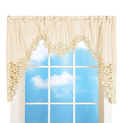 Collections Etc Elegant Scalloped Design Cut-Out and Embroidered Scroll Window Valance with Rod Pocket Top for Easy Hanging, Cream, 58" X 36" - Pink and Caboodle