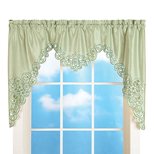 Collections Etc Elegant Scalloped Design Cut-Out and Embroidered Scroll Window Valance with Rod Pocket Top for Easy Hanging, Sage Green, 58