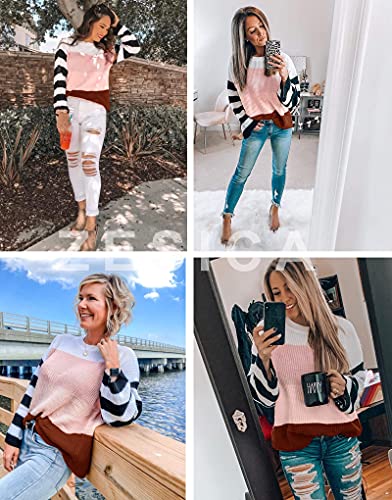 Color Block Loose Knitted Pink, Black, Red, White Pullover Sweater Top - Pink and Caboodle