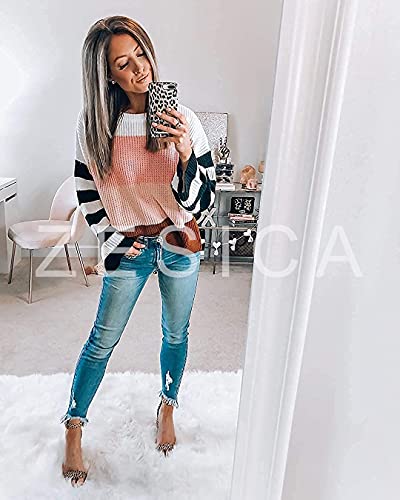 Color Block Loose Knitted Pink, Black, Red, White Pullover Sweater Top - Pink and Caboodle