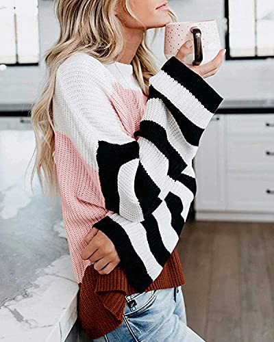 Color Block Loose Knitted Pink, Black, Red, White Pullover Sweater Top - Pink and Caboodle