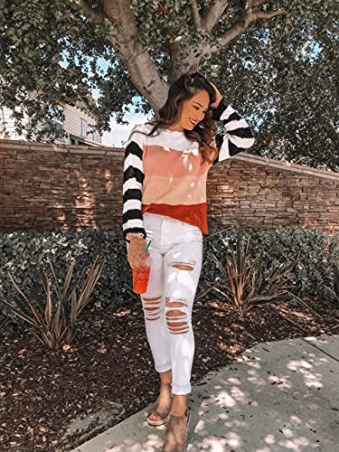 Color Block Loose Knitted Pink, Black, Red, White Pullover Sweater Top - Pink and Caboodle