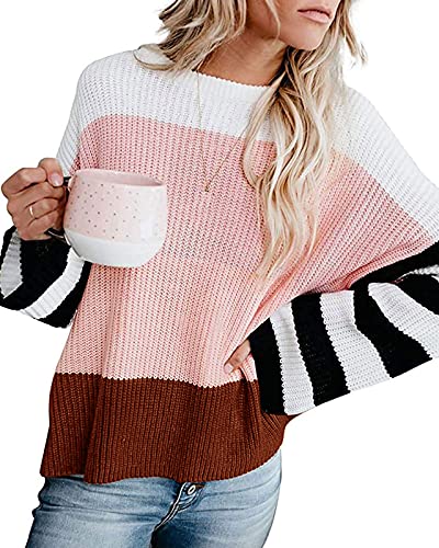 Color Block Loose Knitted Pink, Black, Red, White Pullover Sweater Top