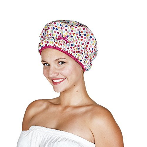Colored Deco Dots Oversized, Lined, Waterproof Shower Bath Cap w/Stretch Elastic Band - Pink and Caboodle