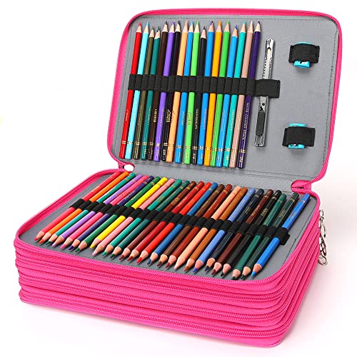 Colored Pencil Case - 200 Slots Pencil Holder with Zipper Closure Deluxe PU Leather Large Capacity Pencil Case for Watercolor Pens or Markers, Pencil Case Organizer for Artist (Rose Red) - Pink and Caboodle