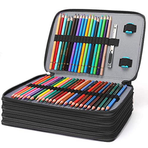 Colored Pencil Case - 200 Slots Pencil Holder with Zipper Closure Deluxe PU Leather Large Capacity Pencil Case for Watercolor Pens or Markers, Pencil Case Organizer for Artist (Black) - Pink and Caboodle