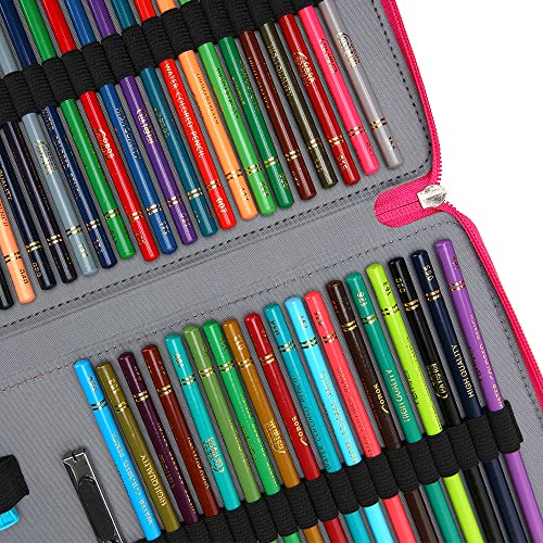 Colored Pencil Case - 200 Slots Pencil Holder with Zipper Closure Deluxe PU Leather Large Capacity Pencil Case for Watercolor Pens or Markers, Pencil Case Organizer for Artist (Rose Red) - Pink and Caboodle