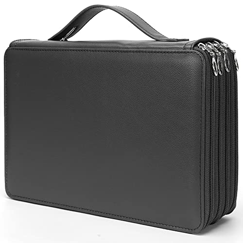 Colored Pencil Case - 200 Slots Pencil Holder with Zipper Closure Deluxe PU Leather Large Capacity Pencil Case for Watercolor Pens or Markers, Pencil Case Organizer for Artist (Black)