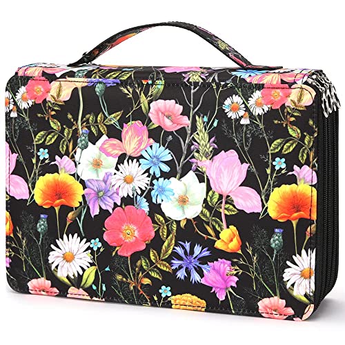 Colored Pencil Case - 200 Slots Pencil Holder with Zipper Closure Twill Fabric Large Capacity Pencil Case for Watercolor Pens or Markers, Pencil Case Organizer for Artist (Black Flower)