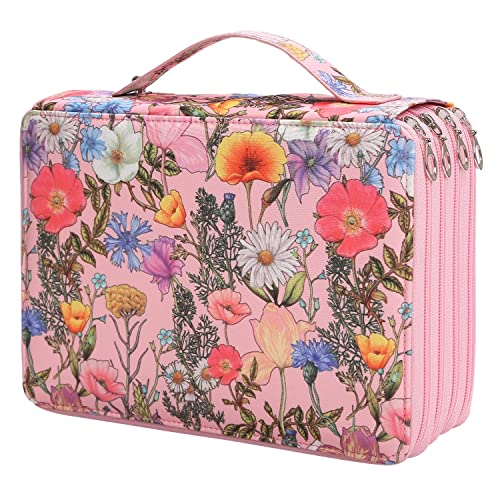 Colored Pencil Case - 200 Slots Pencil Holder with Zipper Closure Twill Fabric Large Capacity Pencil Case for Watercolor Pens or Markers, Pencil Case Organizer for Artist (Pink Flower)