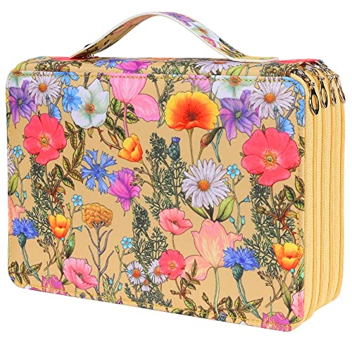 Colored Pencil Case - 200 Slots Pencil Holder with Zipper Closure Twill Fabric Large Capacity Pencil Case for Watercolor Pens or Markers, Pencil Case Organizer for Artist (Yellow Flower) - Pink and Caboodle