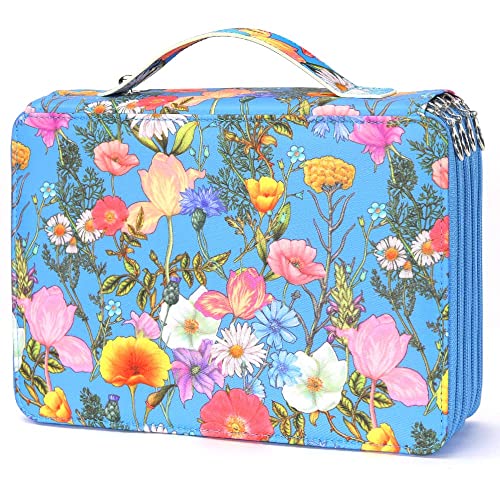 Colored Pencil Case - 200 Slots Pencil Holder with Zipper Closure Twill Fabric Large Capacity Pencil Case for Watercolor Pens or Markers, Pencil Case Organizer for Artist (Blue Flower)