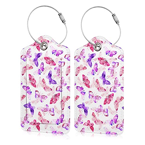 Colorful Butterflies Leather Luggage Suitcase Travel Bag Tags, Set of 2 - Pink and Caboodle