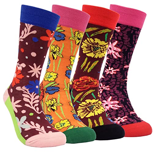 Colorful Fancy Spring Flowers Cotton Crew Socks for Women & Girls, 4 Pair
