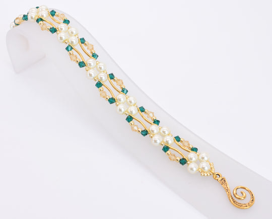 Emerald and Gold Crystal and Pearl Hex Block Link Bracelet