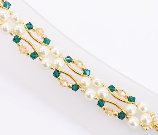 Emerald and Gold Crystal and Pearl Hex Block Link Bracelet
