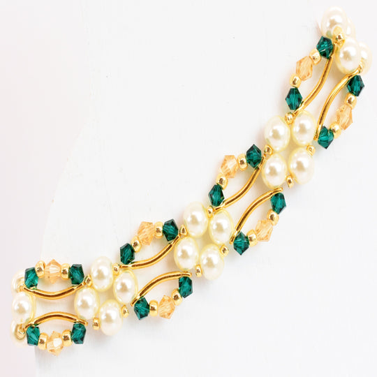 Emerald and Gold Crystal and Pearl Hex Block Link Bracelet