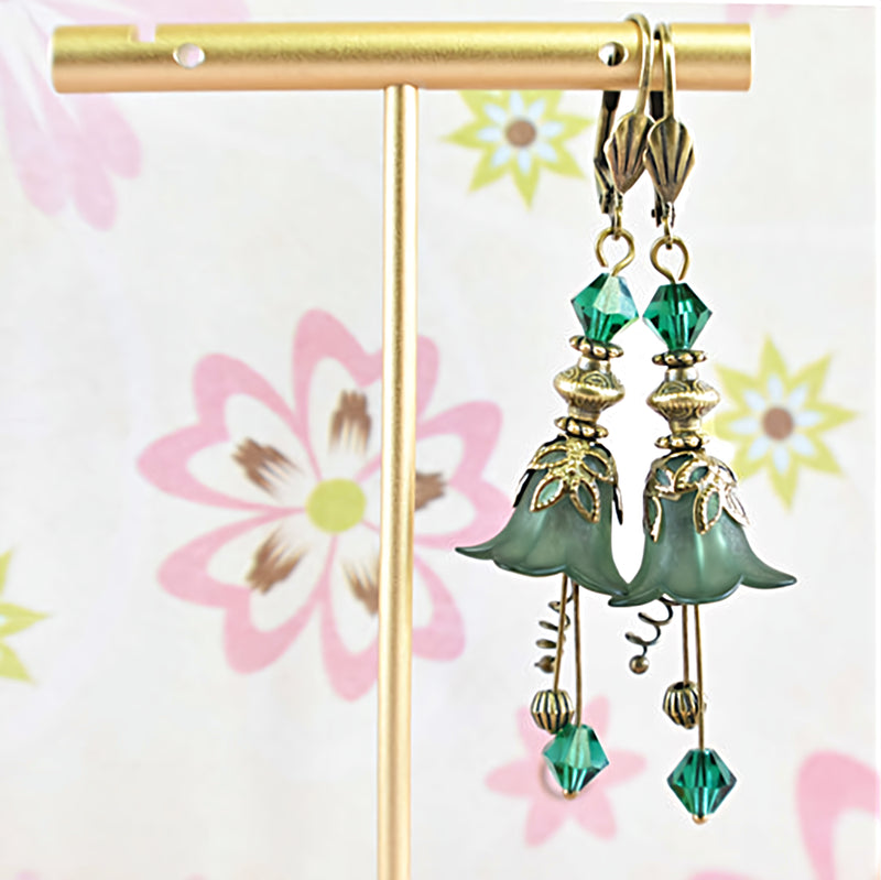 Vintage Victorian Style Emerald Green and Antique Bronze Bell Flower Lucite Earrings