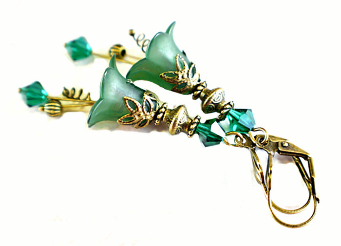 Vintage Victorian Style Emerald Green and Antique Bronze Bell Flower Lucite Earrings
