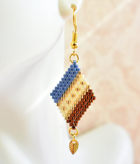 Blue, Copper and Gold Diamond-Shaped Diagonal Geometric Earrings w/Leaf Charm