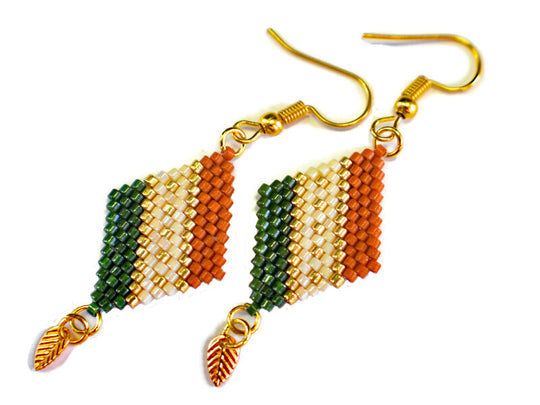 Green, Sienna and Gold Diamond-Shaped Diagonal Geometric Earrings w/Leaf Charm