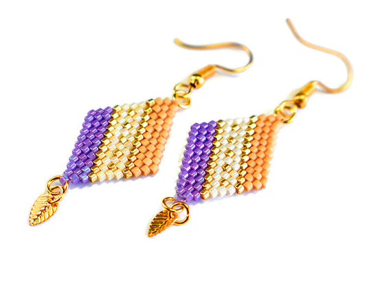 Purple, Tan and Gold Diamond-Shaped Diagonal Geometric Earrings w/Leaf Charm