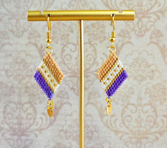 Purple, Tan and Gold Diamond-Shaped Diagonal Geometric Earrings w/Leaf Charm