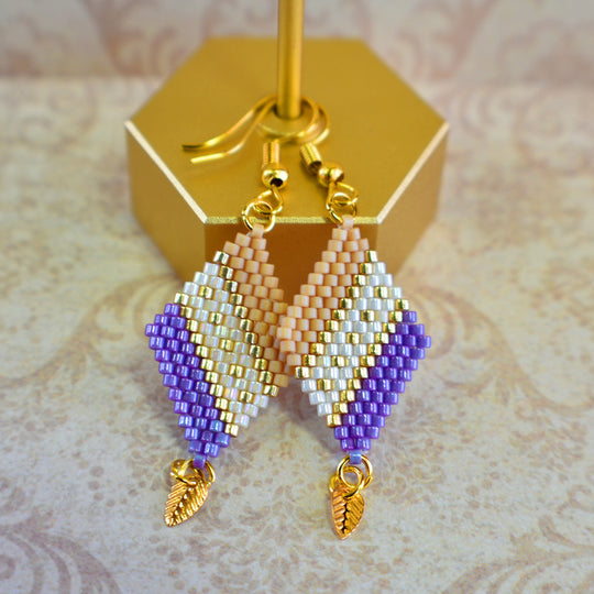 Purple, Tan and Gold Diamond-Shaped Diagonal Geometric Earrings w/Leaf Charm