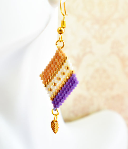 Purple, Tan and Gold Diamond-Shaped Diagonal Geometric Earrings w/Leaf Charm