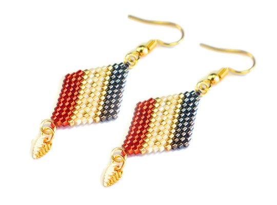 Red, Black and Gold Diamond-Shaped Diagonal Geometric Earrings w/Leaf Charm