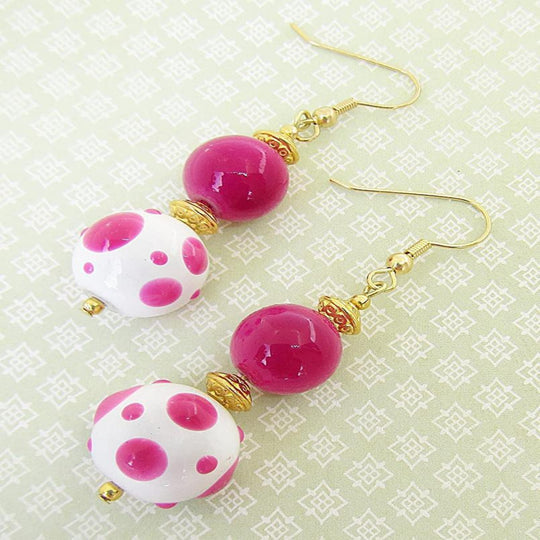 Hot Pink And Bright White Lampwork Bead Earrings (2 Styles)