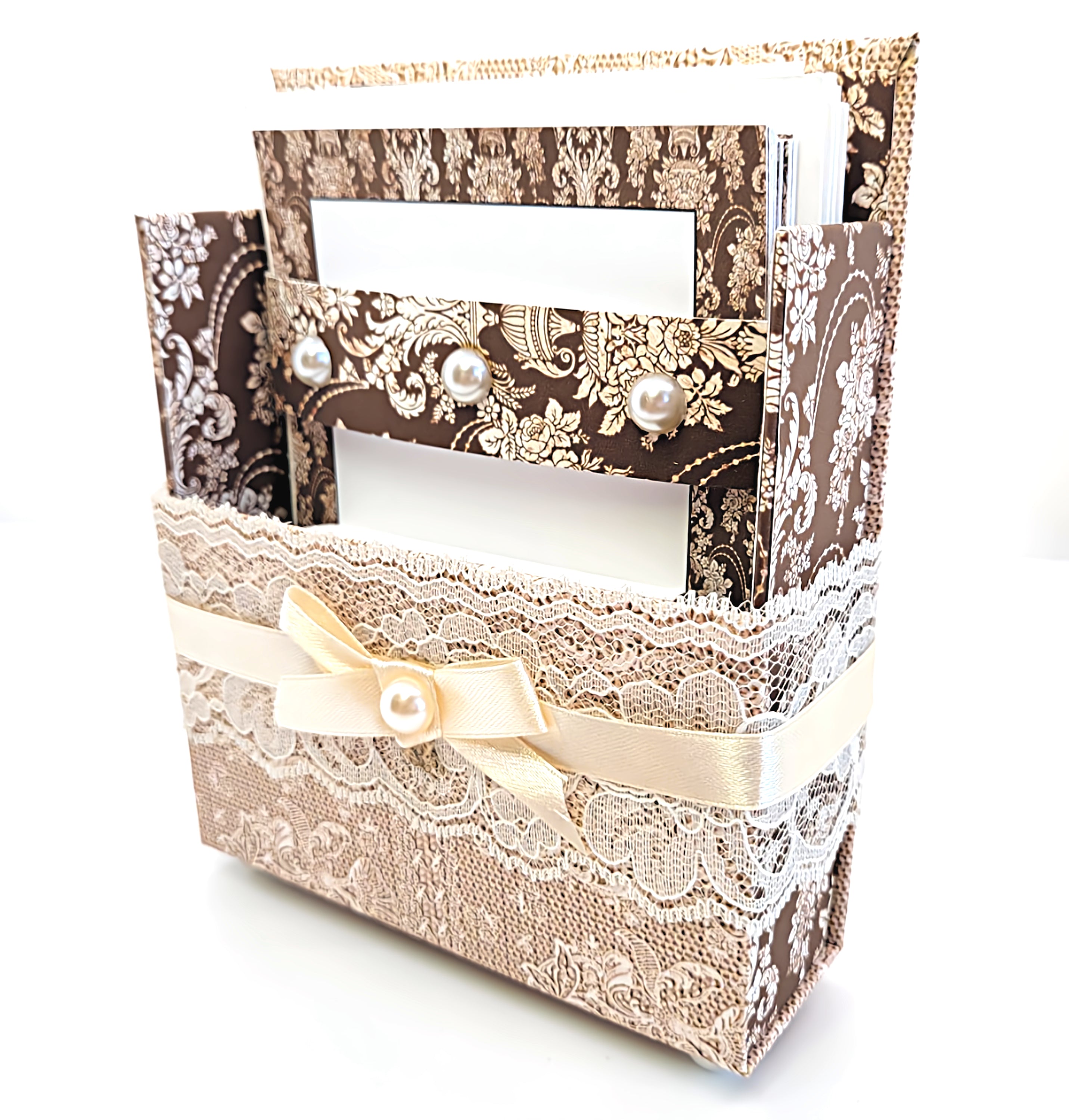 42-Pc Stationery Gift Box Set w/Reusable Desktop Organizer Box & Gold Pen - Brown & Ivory Wallpaper