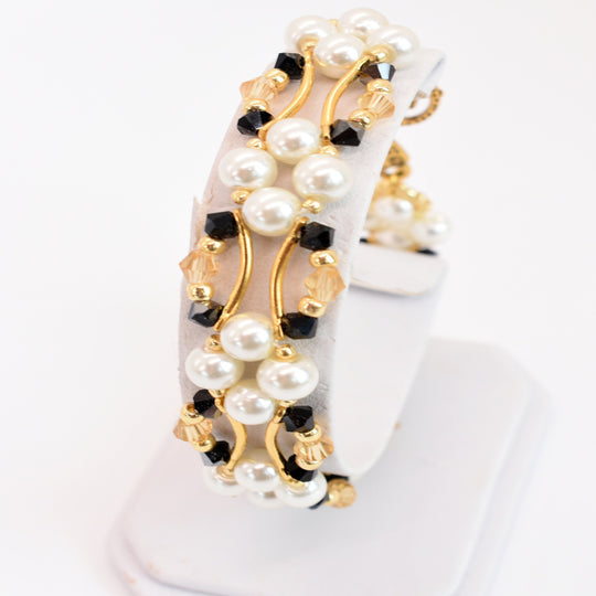Jet Black and Gold Crystal and Pearl Hex Block Link Bracelet