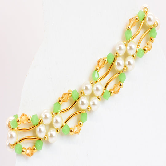 Jade Green, Gold Crystal and Pearl Hex Block Link Bracelet