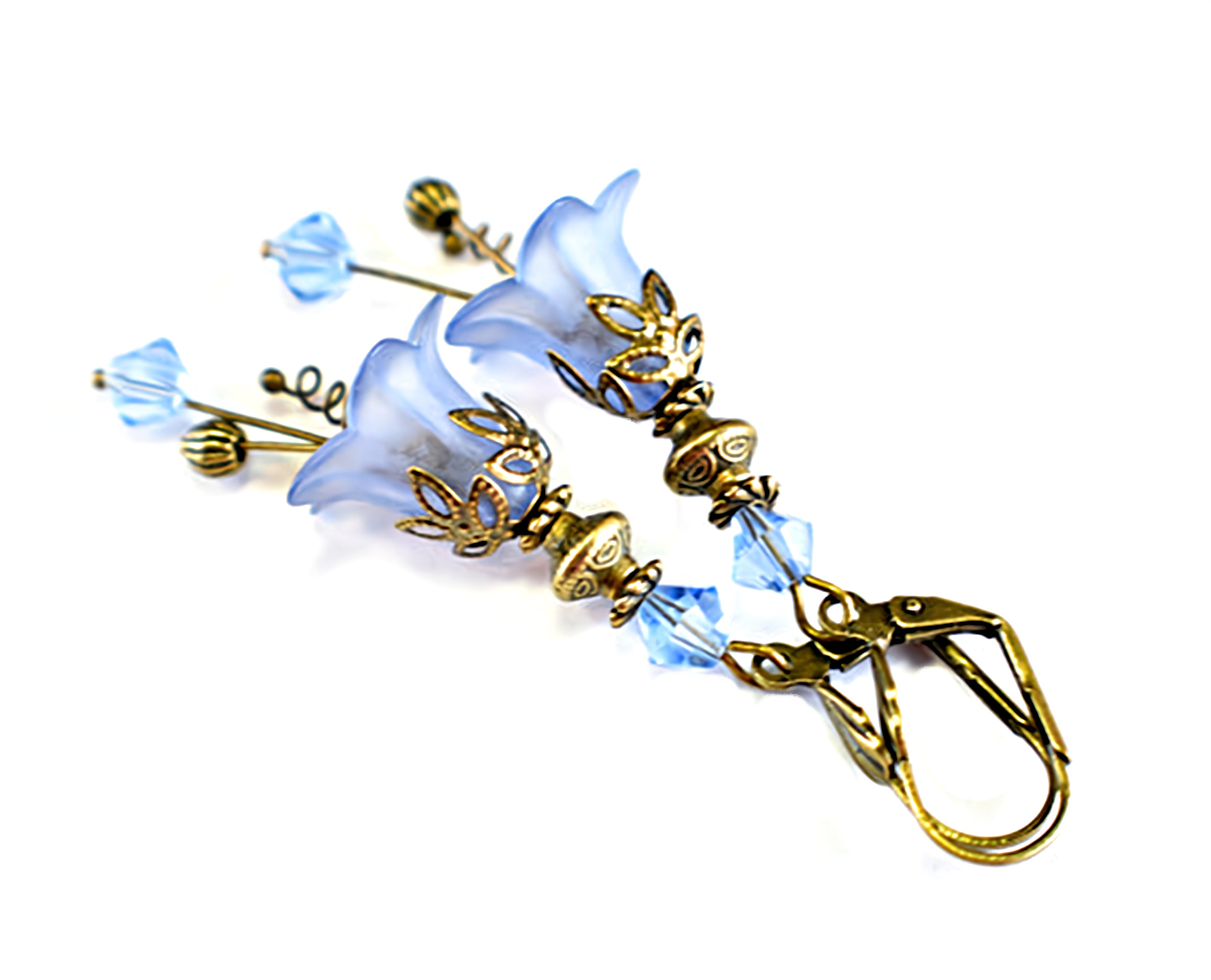 Vintage Victorian Style Light Denim Blue and Antique Bronze Bell Flower Lucite Earrings