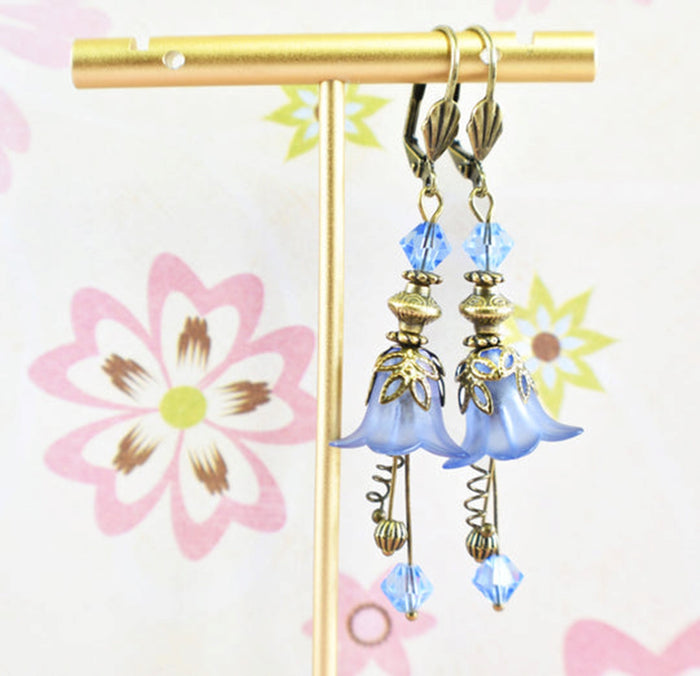 Vintage Victorian Style Light Denim Blue and Antique Bronze Bell Flower Lucite Earrings