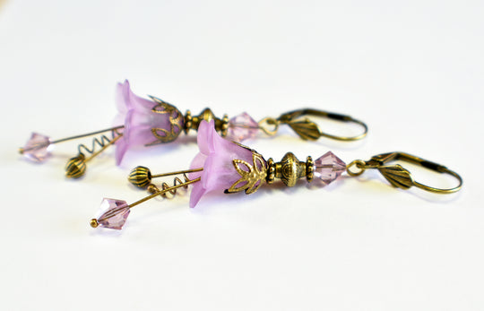 Vintage Victorian Style Lilac and Antique Bronze Bell Flower Lucite Earrings