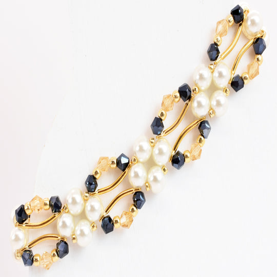 Midnight Navy Blue and Gold Crystal and Pearl Hex Block Link Bracelet