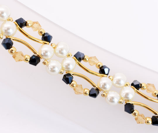 Midnight Navy Blue and Gold Crystal and Pearl Hex Block Link Bracelet