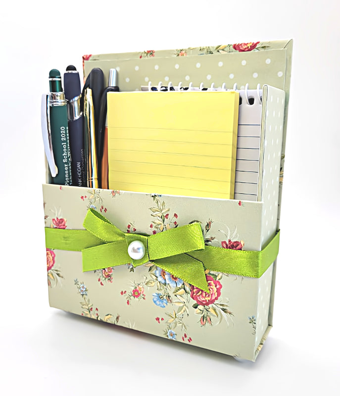 42-Pc Stationery Gift Box Set w/Reusable Desktop Organizer Box & Gold Pen - Pink on Sage Green Floral