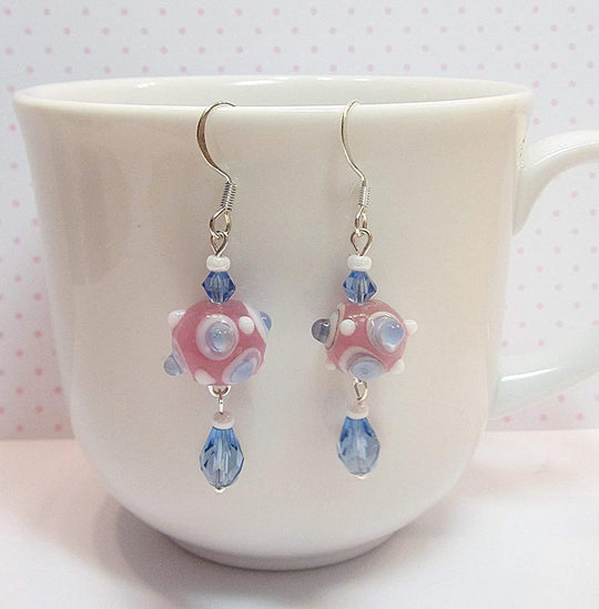 Pink, Baby Blue & White Lampwork Earrings